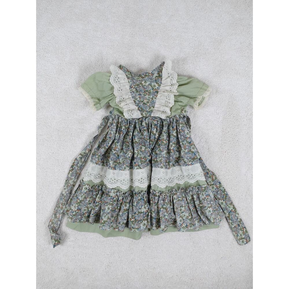 Vintage Sweet 'N Sassy Green Blue Floral Lace Trim Full Circle Dress 1T 12-18M